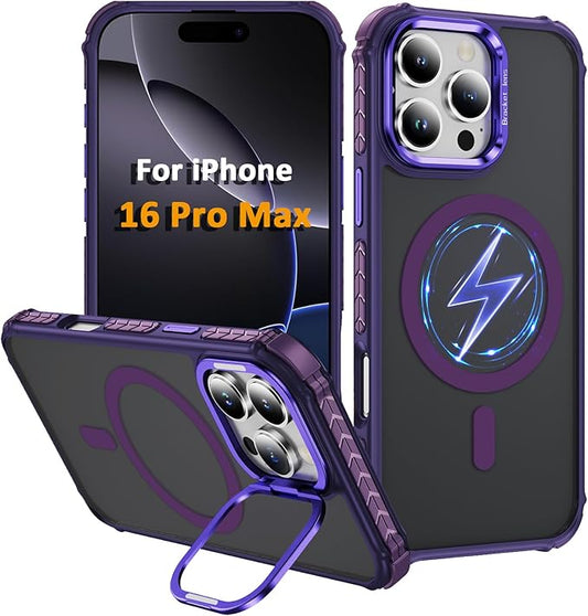 Magnetic for iPhone 16 Pro Max Case Purple with MagSafe Wireless Charging Heavy Duty Military-Grade Shockproof Protection Adjustable Kickstand Slim Matte Anti-Fingerprint Cover Men Women