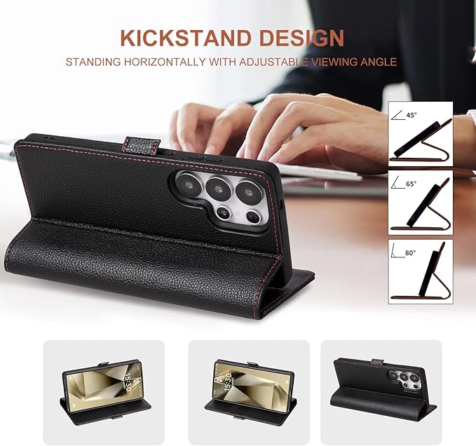 Case for Galaxy S25 Ultra 6.9"-Genuine Leather Folio Wallet Case with Kickstand RFID Blocking Card Holder Magnetic Protective Phone Cover Compatible with Galaxy S25 Ultra 2025 (Black)