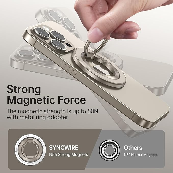 Syncwire Magnetic Phone Ring Holder for MagSafe, Magnetic Ring Holder Cell Phone Grip Stand Finger Ring Kickstand with Two-Sided Magnetic Compatible iPhone 16 Pro Max 15 14 13 12 Android - Titanium