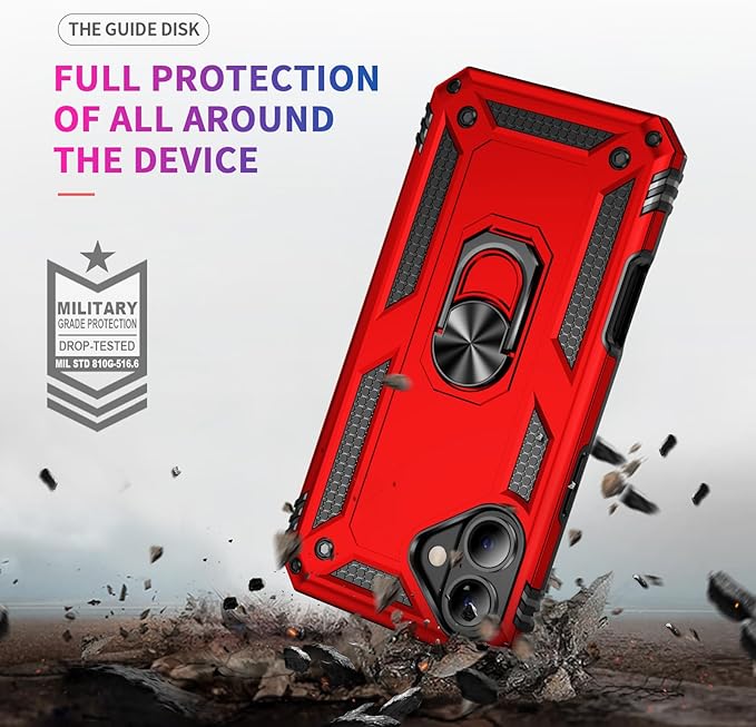 ADDIT Compatible with iPhone 17 Case with Tempered Glass Screen Protector, Adjustable Kickstand Ring, Military-Grade Heavy Duty Protection, Shockproof, Anti-Fingerprint,Red