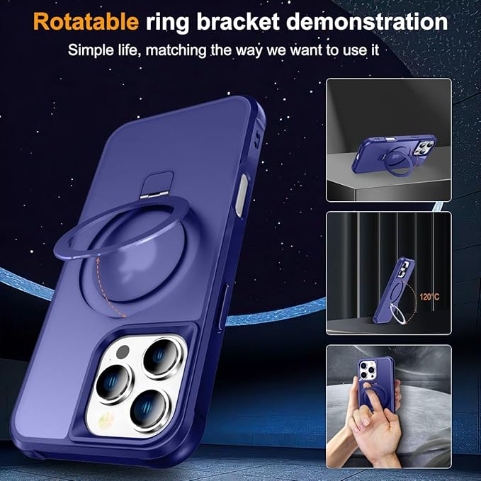 Magnetic Compatible with iPhone 16 Pro Case with Stand [Military Grade Drop Tested][Compatible with Magnet] Ring Translucent Slim Hard Back Soft Edge, Blue