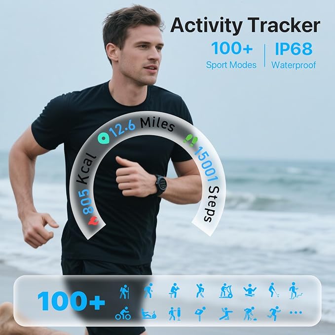 Smart Watch for Men Women Bluetooth Notifications/Calls,100+ Sports Mode Fitness Tracker with Heart Rate/Sleep Monitor/Pedometer/Calories IP68 Waterproof Activity Tracker for Android/iOS