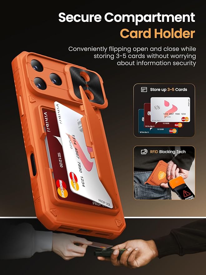Vihibii for iPhone 17 Pro Case Wallet with Card Holder (4 Cards) [RFID Blocking] & Slide Camera Cover, Military Grade Drop Protection, Rugged Hard Back & Silicone Edge Phone Case 6.3" 5G 2025, Orange