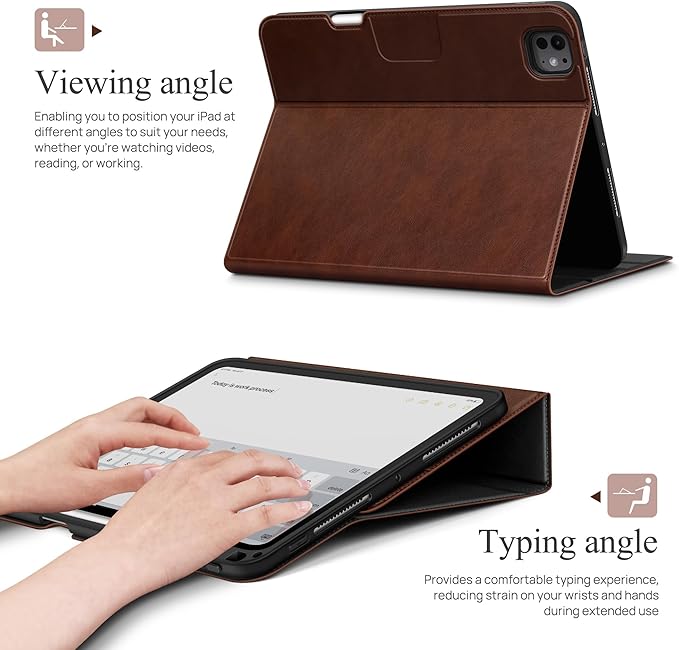 auaua Case for iPad Pro 11 Inch (M4) 2024 5th Gen (Model: A2836/A2837/A3006), with Pencil Holder and Pocket, Multiple Angles Viewing, Magnetic Closure, Auto Sleep/Wake (Brown)