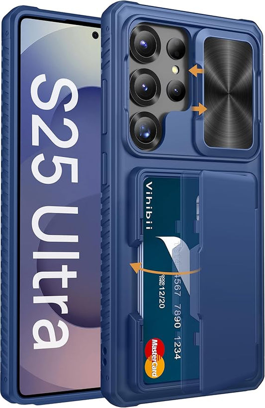 Vihibii for Samsung Galaxy S25 Ultra Case with Card Holder (4 Cards), [RFID Blocking] & Slide Camera Cover & Raised Edge Protect Screen, Shockproof Rugged Case for Samsung Galaxy S25 Ultra, Blue