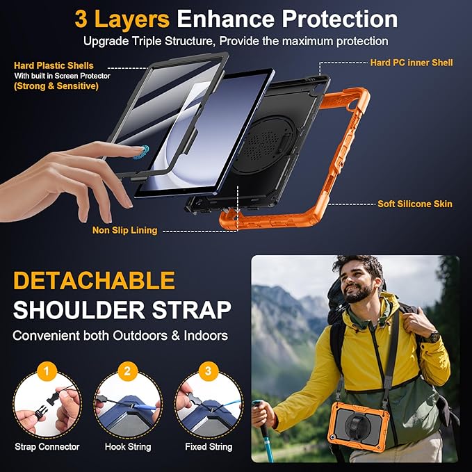 Case for Samsung Galaxy Tab A9+/A9 Plus 11 Inch 2023(SM-X210/X216/X218), Ubearkk Full-Body Drop Protection Case with Screen Protector, 360° Rotating Stand and Hand/Shoulder Strap, Orange
