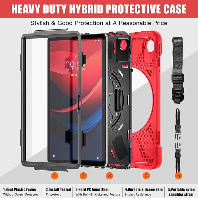 TSQQST Case for Lenovo M11 Tablet/Tab K11 LTE 2024 for Kids | Shockproof Protective Case Cover with Kickstand & Hand Strap Carrying Strap for Lenovo Tab M11 11 Inch | Red