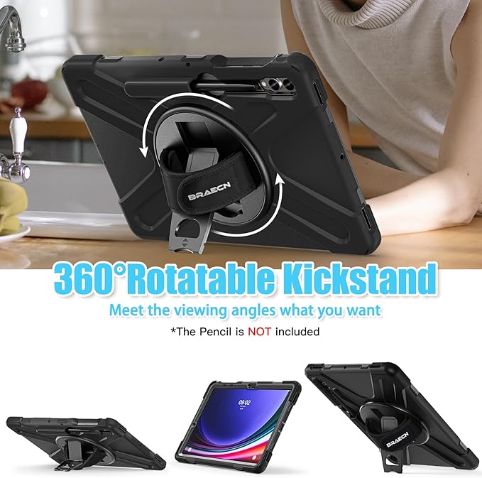 BRAECNstock for Samsung Galaxy Tab S10+ Plus/ S9 FE+ Plus/ S9+ Plus/ S8+ Plus/ S7 FE/ S7+ Plus 5G Tablet Case 12.4 inch Shockproof Protective Case with Pen Holder Rotating Stand & Hand Strap - Black