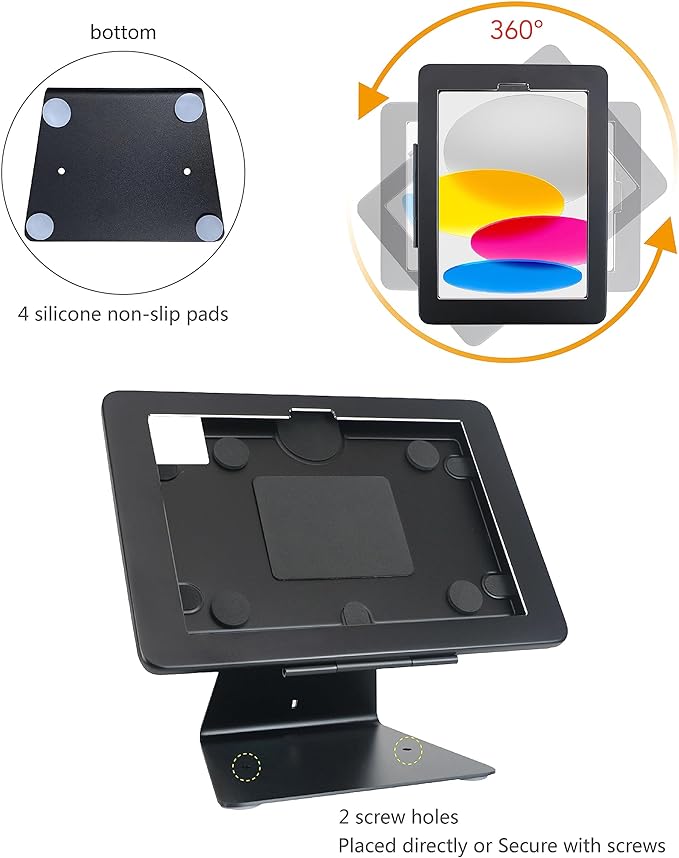 Desktop Anti-Theft Security Stand Holder for 2025 iPad 11" (A16) 11th/ 2022 iPad 10.9" 10th Gen.,with Lock and Key,Flip &360°Rotating Horizontal or Vertical Design(Black)