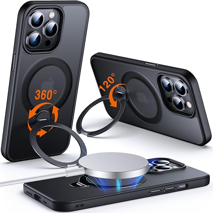 360° O-Ring MagStander for iPhone 13 Pro Case with Magnetic Kickstand Ring Holder [Compatible with MagSafe][360°Rotate Stand Ring][Military Shockproof] iPhone 13 Pro Phone Cover Matte Black