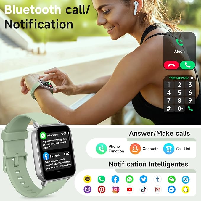 Smart Watches for Men Women Android & iPhone, Alexa Built-in, 1.85" Fitness Tracker with Answer/Make Calls, IP68 Waterproof Fitness Watch,Heart Rate, Sleep, SpO2 Monitor,Pedometer,Green