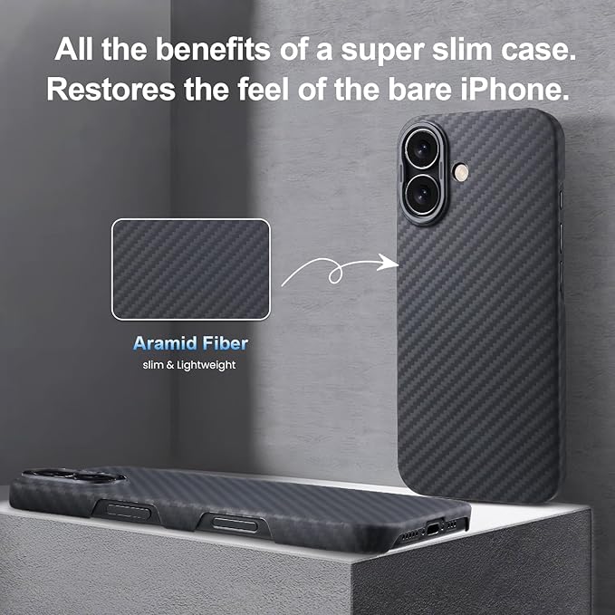 Aramid Fiber Case for iPhone 16 Plus, Compatible with Magnet, Slim & Light, Case-Less Touch Feeling, Black/Grey(Twill)