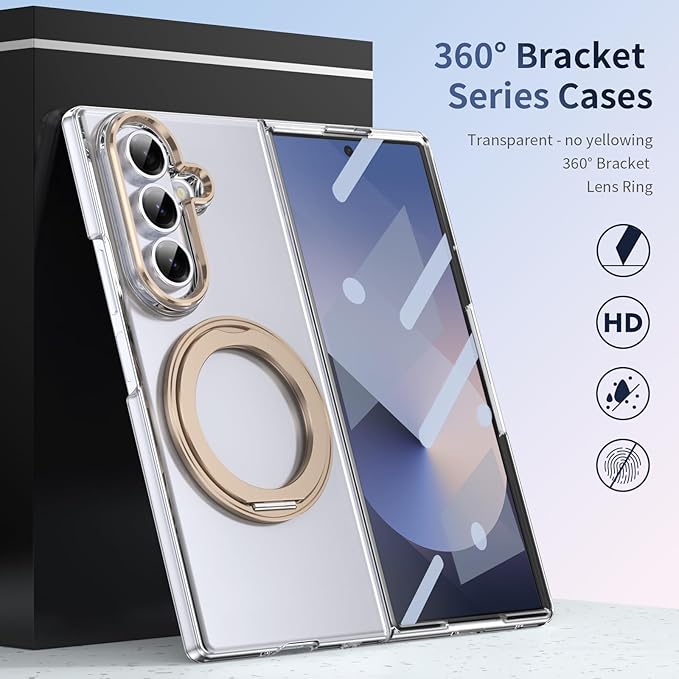 for Samsung Galaxy Z Fold 7 Case with Magnetic Ring Holder, 360 Rotating Bracket, Built-in Front Screen Len Protector, Anti-Yellowing & Anti-Fingerprint Crystal Clear Case.(Gold)