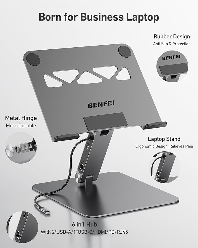 BENFEI Laptop Stand with USB C 6in1 Docking Station, HDMI 4K@60Hz,Gigabit Ethernet, 100W Power Delivery, 10Gbps 1*USB C 3.2 and 2*USB A 3.2 Compatible with MacBook Pro/Air, iPad Pro, XPS, Thinkpad