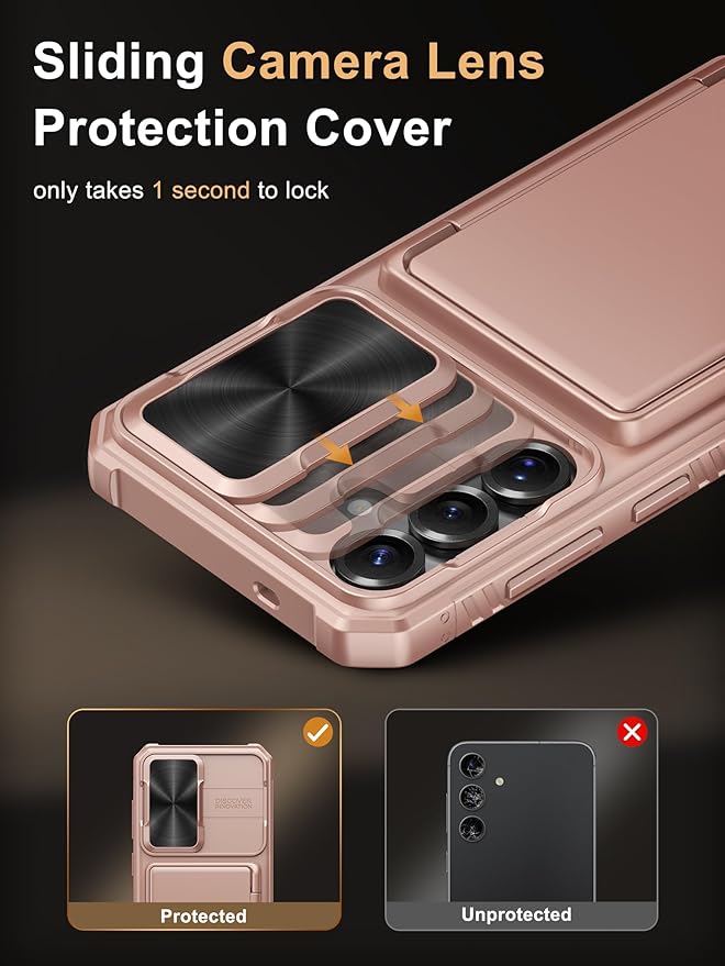 Vihibii for Samsung Galaxy S25+ Plus Case with Card Holder (4 Cards), [RFID Blocking] & Slide Camera Cover, Military Grade Drop Protection, Rugged Wallet Case for Galaxy S25+ Plus 6.7" 5g, Rose Gold