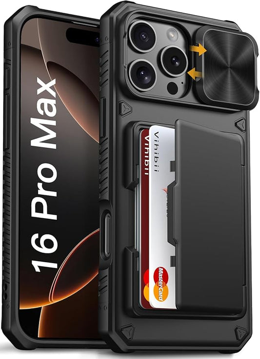Vihibii for iPhone 16 Pro Max Case with Card Holder (4 Cards) [RFID Blocking] & Slide Camera Cover, Military Grade Drop Protection, Rugged Hard Back & Silicone Edge Wallet Phone Case 6.9" 2024, Black
