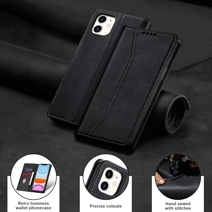 Jasonyu Flip Wallet Case for iPhone 11,Leather Magnetic Folio Cover with Card Holder,Kickstand - TPU Shockproof Durable Protective Phone Case,Black