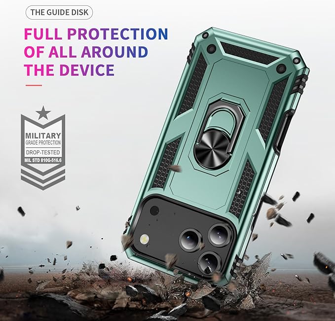 ADDIT Compatible with iPhone 17 Pro Max Case with Tempered Glass Screen Protector, Adjustable Kickstand Ring, Military-Grade Heavy Duty Protection, Shockproof, Anti-Fingerprint,Teal