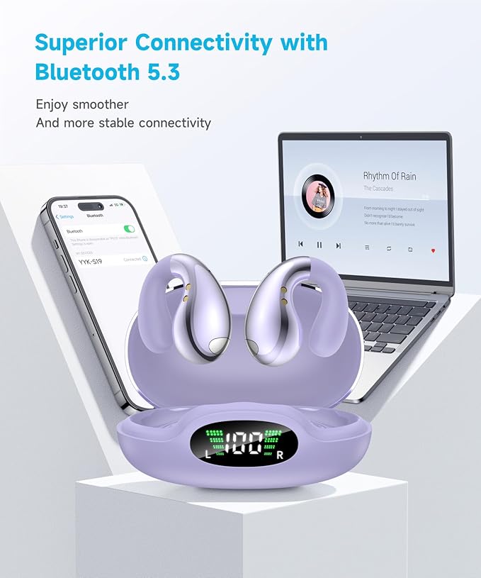 Ultra Open-Ear-Earbuds Wireless Bluetooth - Ergonomic Clip-On Earbuds, Bone Conduction Over-The-Ear Headphones with Waterproof Design and Secure Fit for Small Ears, Purple