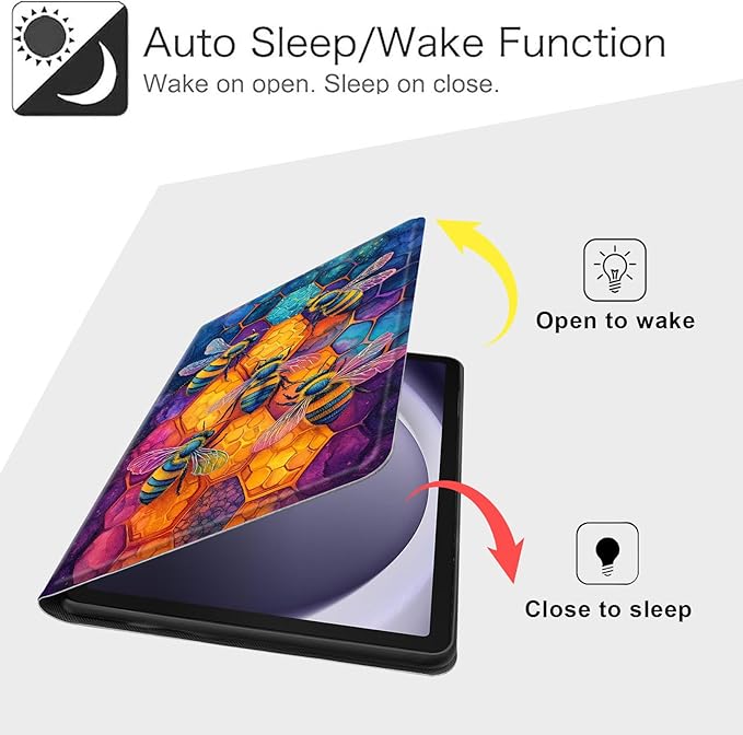 Case for Samsung Galaxy Tab A9+/A9 Plus 11” 2023 Model (SM-X210/X216/X218), Slim PU Leather Stand Cover with Auto Wake/Sleep, Multi-Angle Viewing & Shockproof, Illustration of Bees