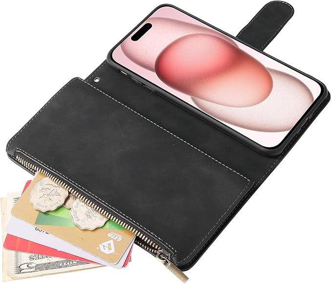 Asuwish Compatible with iPhone 15 6.1 inch Wallet Case Tempered Glass Screen Protector and Leather Flip Cover Card Holder Stand Cell Phone Cases for iPhone15 5G i i-Phone i15 15Case Women Men Black