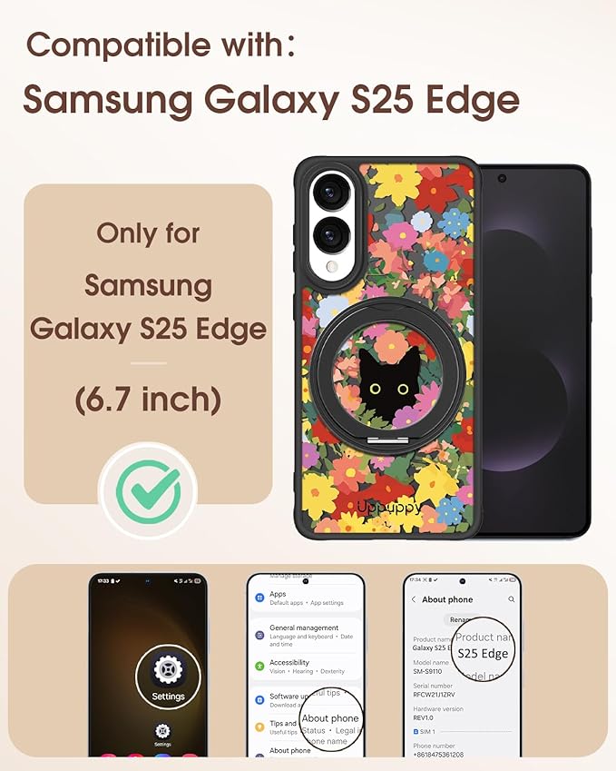 for Samsung Galaxy S25 Edge Case with 360° Rotatable Magnetic Ring - Compatible with MagSafe, Semi-Transparent Soft-Touch Material Shockproof, Cute Black Cat & Flower Design for Women Girl