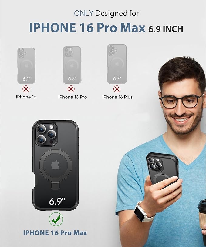 Compatible with iPhone 16 Pro Max Case, Built-in Screen Protector & Seamless Stand, with Camera Lens Protector, Strong Magnetic Matte Phone Case, Full Body Protective Cover for 6.9 Inch (Black)