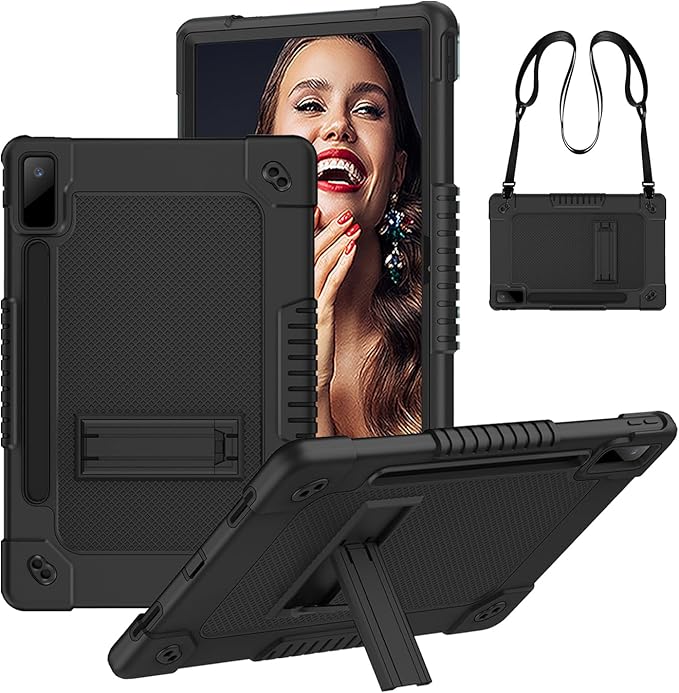 for Lenovo Tab P12 Case,for Lenovo Tab P12 12.7 Inch Tablet Case,Heavy Duty Kids Shockproof with Kickstand Shoulder Strap Cover for Lenovo Tab P12 2023/2024/Xiaoxin Pad Pro (Black/Black)