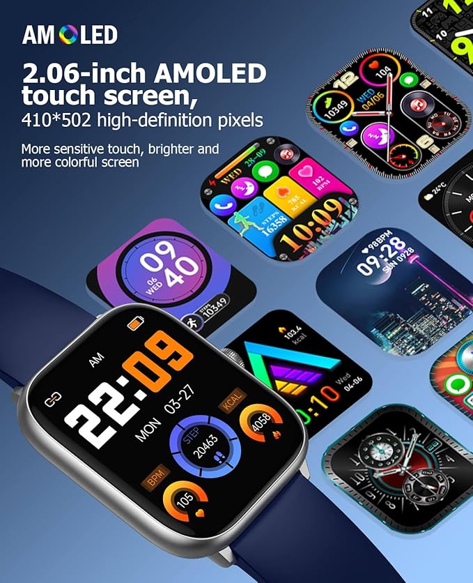 2.06" AMOLED Smart Watches with Blood Pressure Monitor, 118 Sports Modes, Fitness Activity Tracker for Men Women, Heart Rate Sleep SpO2 Monitor, IP68 Waterproof, Compatible with Android and iPhone
