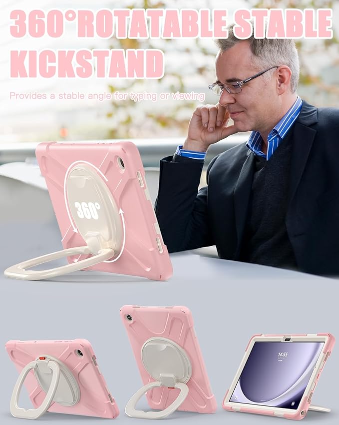 BRAECN Kids Case for Samsung Galaxy Tab A9+/ A9 Plus 11 Inch 2023 SM-X210/X216/X218, Heavy Duty Protective Silicone Cover with Screen Protector, Handle Grip, Swivel Stand, Shoulder Strap, Sakura Pink