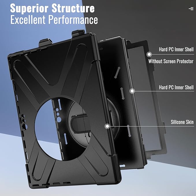 DreamerX for Microsoft Surface Pro 7+ Plus/Pro 7/6/5/4 12.3" Case, Heavy Duty Rugged Full Body Drop Protective Silicone Kids Cover w/Rotating Stand Hand Strap Pen Holder Carrying Shoulder Strap Black