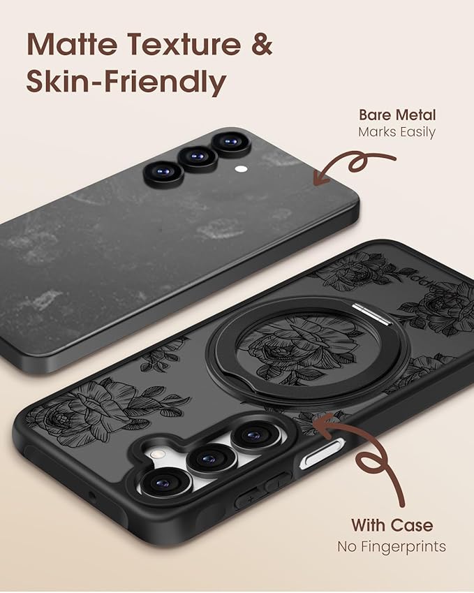 for Samsung Galaxy A16 4G/5G Case with 360° Rotatable Magnetic Ring - Semi-Transparent Anti-Fingerprint Soft-Touch Material Shockproof, Cute Line Art Flower Design for Women Girl