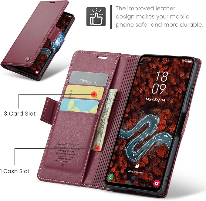 AUPAI for Samsung Galaxy S24 FE Wallet Case with Credit Card Holder, PU Leather RFID Blocking Folio Flip Kickstand Magnetic Clasp Protective Phone Cover for Women Men Wine Red