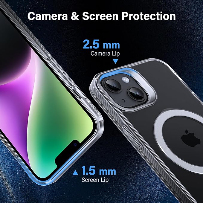 Magnetic Case for iPhone 14 Plus - [Built-in Invisible Stand] [Compatible with MagSafe] [Military Grade Drop Protection] Anti-Yellowing Hard Back Silicone Edge Cover, 6.7", Clear