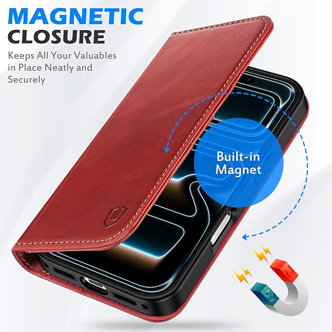 SHIELDON Case Wallet for iPhone 17 5G 6.3" 2025 | Genuine Leather | RFID Blocking Card Holder | Folio Magnetic Closure | Kickstand | Shockproof | Full Protective Cover | Retro Red