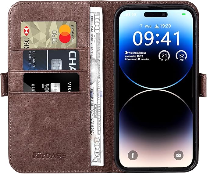 Case for iPhone 16 Pro 6.3" 2024-Genuine Leather Folio Magnetic Closure RFID Blocking Card Holder Kickstand Full Protection Phone Case Compatible with iPhone 16 Pro (Darkbrown)