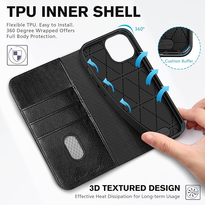 TUCCH Wallet Case for iPhone 15 5G, PU Leather Folio with [RFID Blocking] [3 Card Slot], Protective Kickstand [Shockproof TPU Interior Case] Compatible with iPhone 15 6.1" 2023, Textured Black