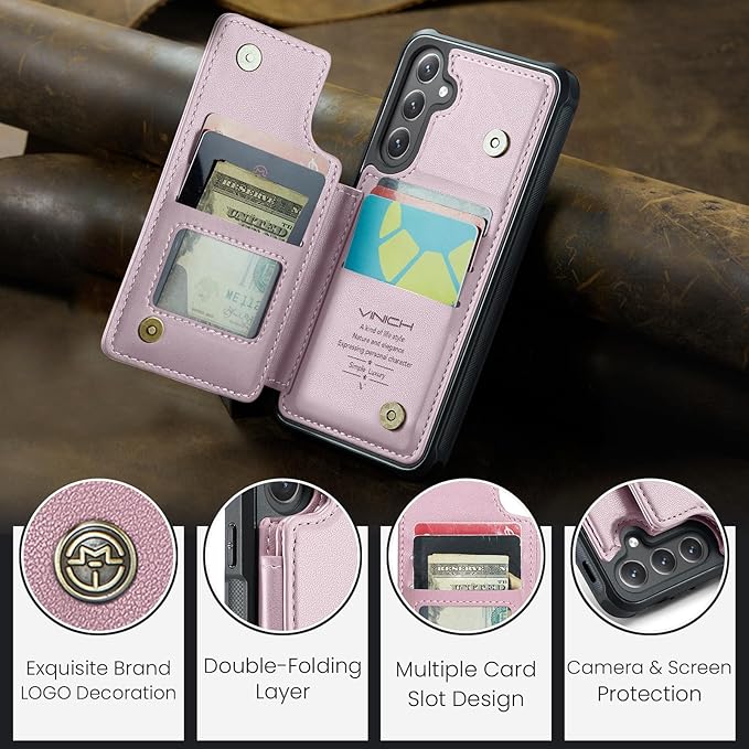 Vinich for Samsung Galaxy S25 Plus Wallet Case with Card Holder, RFID Blocking Credit Slots Kickstand Shockproof Phone Cover for Women Men, Pink