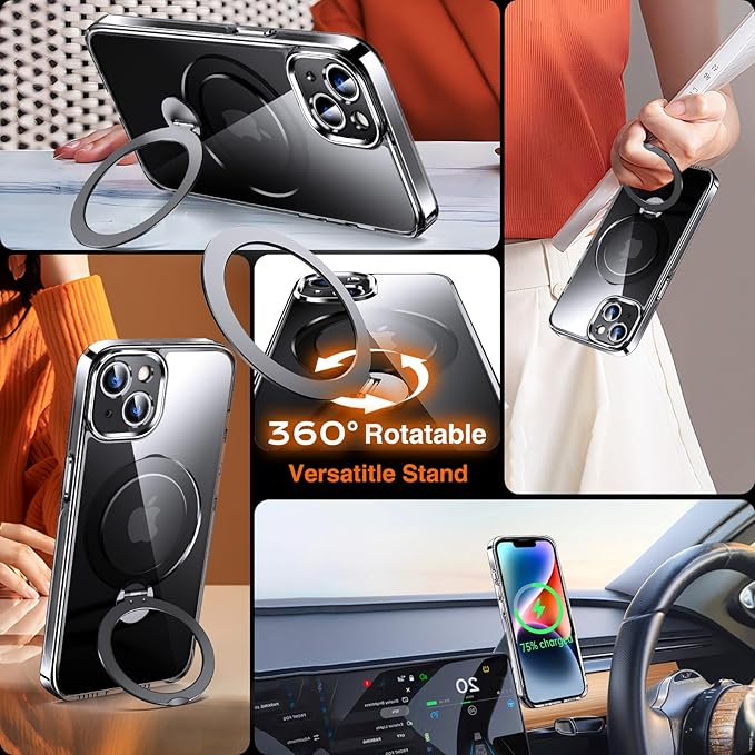 360° O-Ring MagStander for iPhone 13 Case, iPhone 14 Case with Magnetic Stand Ring Holder [Compatible with MagSafe][15FT Military Shockproof] Kickstand iPhone 13/14 Phone Cover Clear