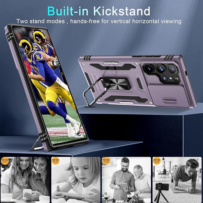DEERLAMN Case for Samsung Galaxy S25 Ultra with Slide Camera Cover+Screen Protector (1 Pack), Rotated Ring Kickstand Military Grade Shockproof Protective Cover-Deep Purple