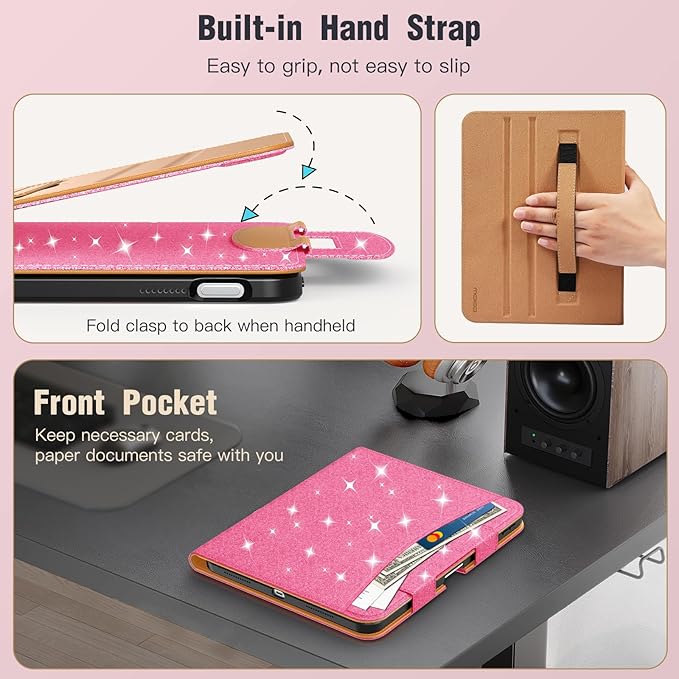 MoKo for iPad (A16) 11th Generation Case 11 inch 2025, iPad 10th Generation Case 10.9" 2022 with Pencil Holder & Pocket, Premium Leather Folio Stand Cover, Multiple Viewing Angles, Shiny Pink