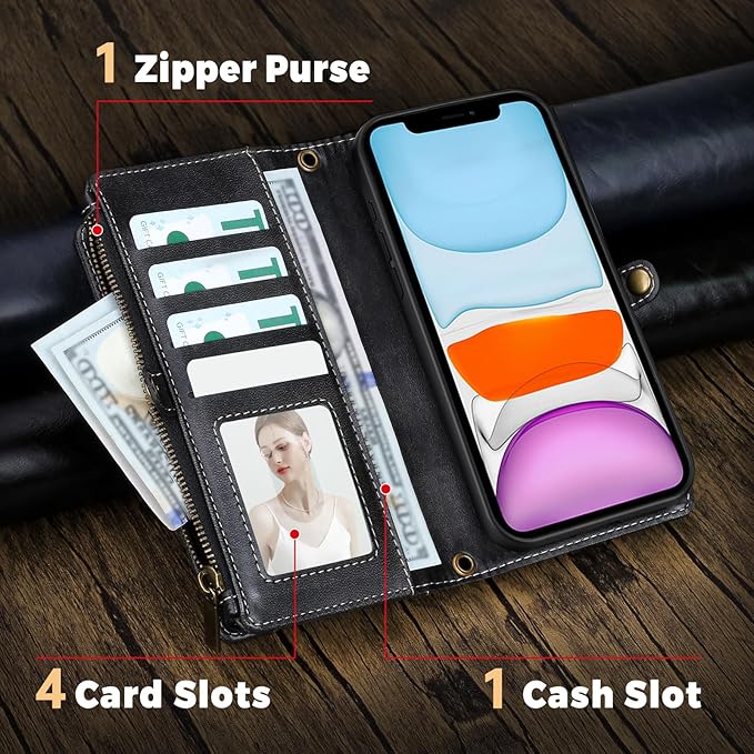 for iPhone 12&12 Pro Wallet Phone Case with 7 Card Holder,RFID Blocking | PU Leather | Kickstand | Flip | Wrist Strap&Shoulder Strap | Shockproof | Zipper Wallet | Women Men | 6.1" | Black
