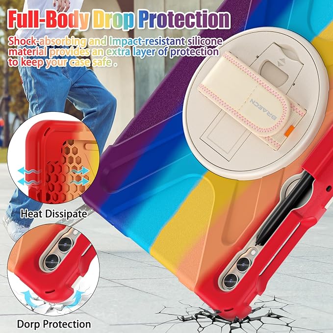 BRAECNstock Kids Case for Samsung Galaxy Tab S10+ Plus/ S9 FE+ Plus/ S9+ Plus/ S8+ Plus/ S7 FE/ S7+ Plus 5G 12.4" Shockproof Protective Cover with Pen Holder Rotating Hand Strap & Stand - Colorful Red