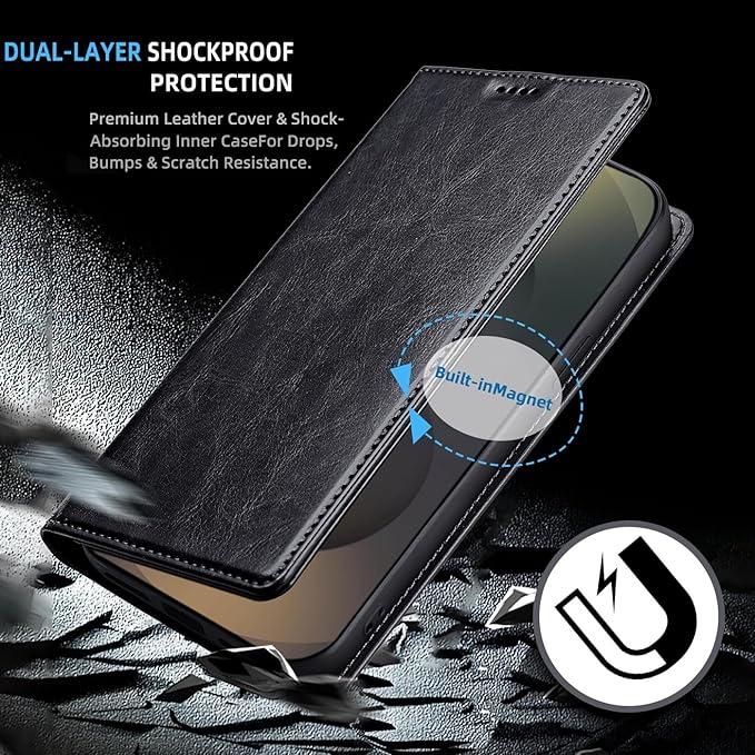 for Samsung Galaxy S24 Ultra Wallet Case, Genuine Leather Flip Folio Cover with RFID Blocking Card Holder & Kickstand, [Shockproof TPU Inner Shell] for Samsung Galaxy S24 Ultra, Black