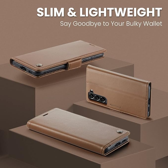 AUPAI for Samsung Galaxy S22 Wallet Case with Credit Card Holder, PU Leather RFID Blocking Folio Flip Kickstand Magnetic Clasp Protective Phone Cover for Women Men Brown