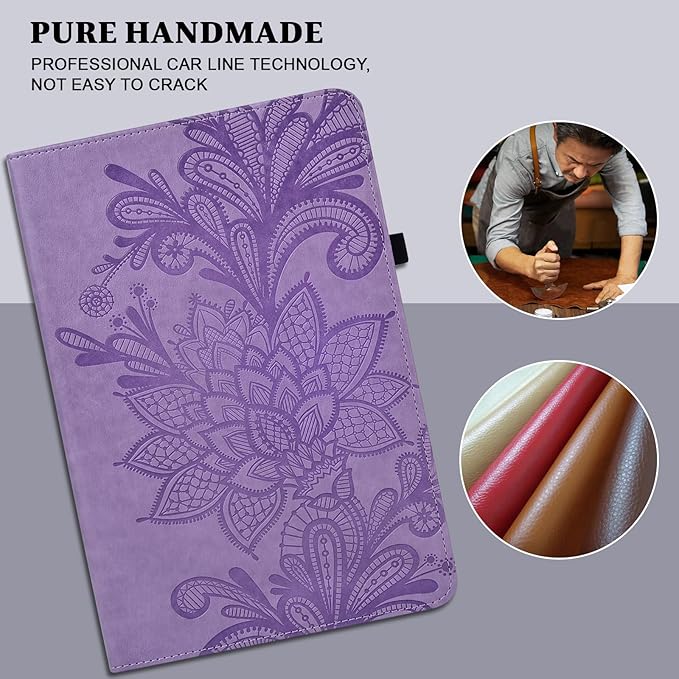 Case for Lenovo Tab M9 9 inch (TB-310FU), Embossed Lace PU Leather Flip Folio Protective Tablet Case with Elastic Band Card Slots Pen Holder, Multi-Angle Viewing Stand Cover - Purple