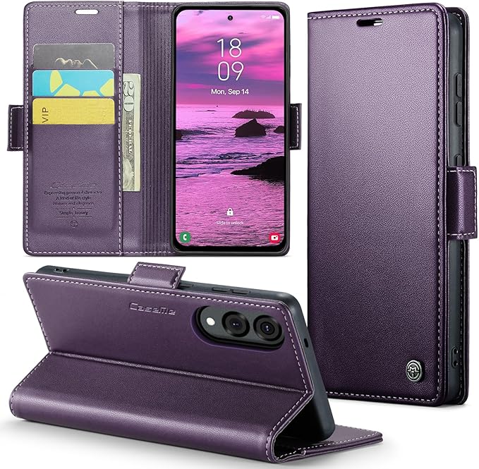 for Samsung Galaxy S25 Edge Case, Premium PU Leather Wallet Case Flip Cover with [RFID Blocking][Card Holder][Stand Function] Shockproof Protective for Samsung Galaxy S25 Edge, Purple
