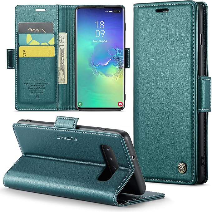 Case for Samsung Galaxy S10 Plus Wallet Case, RFID Blocking PU Leather Flip Folio Cover Card Holder Kickstand Shockproof Phone Case Compatible with Samsung Galaxy S10 Plus, Blue Green