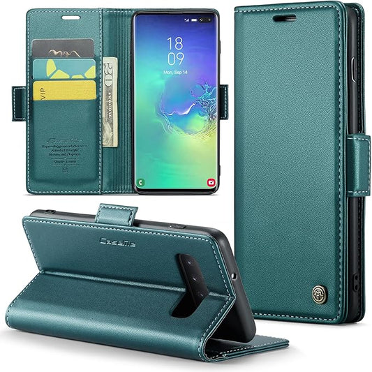 Case for Samsung Galaxy S10 Plus Wallet Case, RFID Blocking PU Leather Flip Folio Cover Card Holder Kickstand Shockproof Phone Case Compatible with Samsung Galaxy S10 Plus, Blue Green