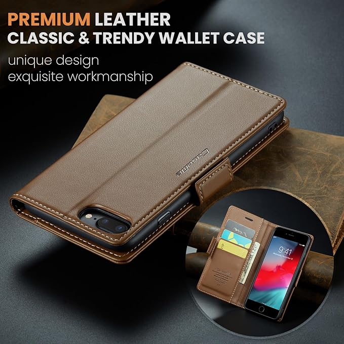 for iPhone 8 Plus & 7 Plus Case, Premium PU Leather Wallet Case Flip Cover with [RFID Blocking][Card Holder][Stand Function] Shockproof Protective for iPhone 8 Plus & 7 Plus, Brown